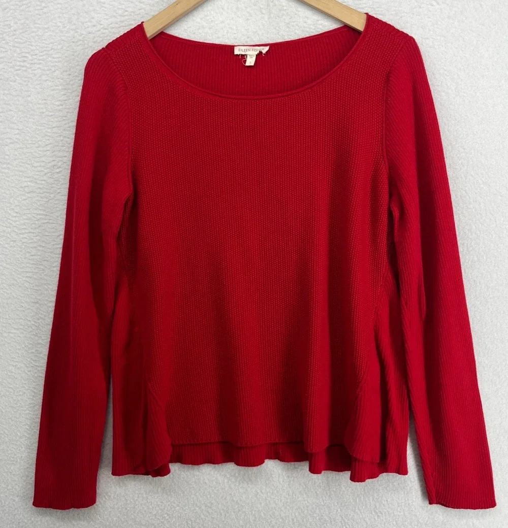 EILEEN FISHER Sweater S Organic Cotton Waffle Ribbed Rolled Oversized Red